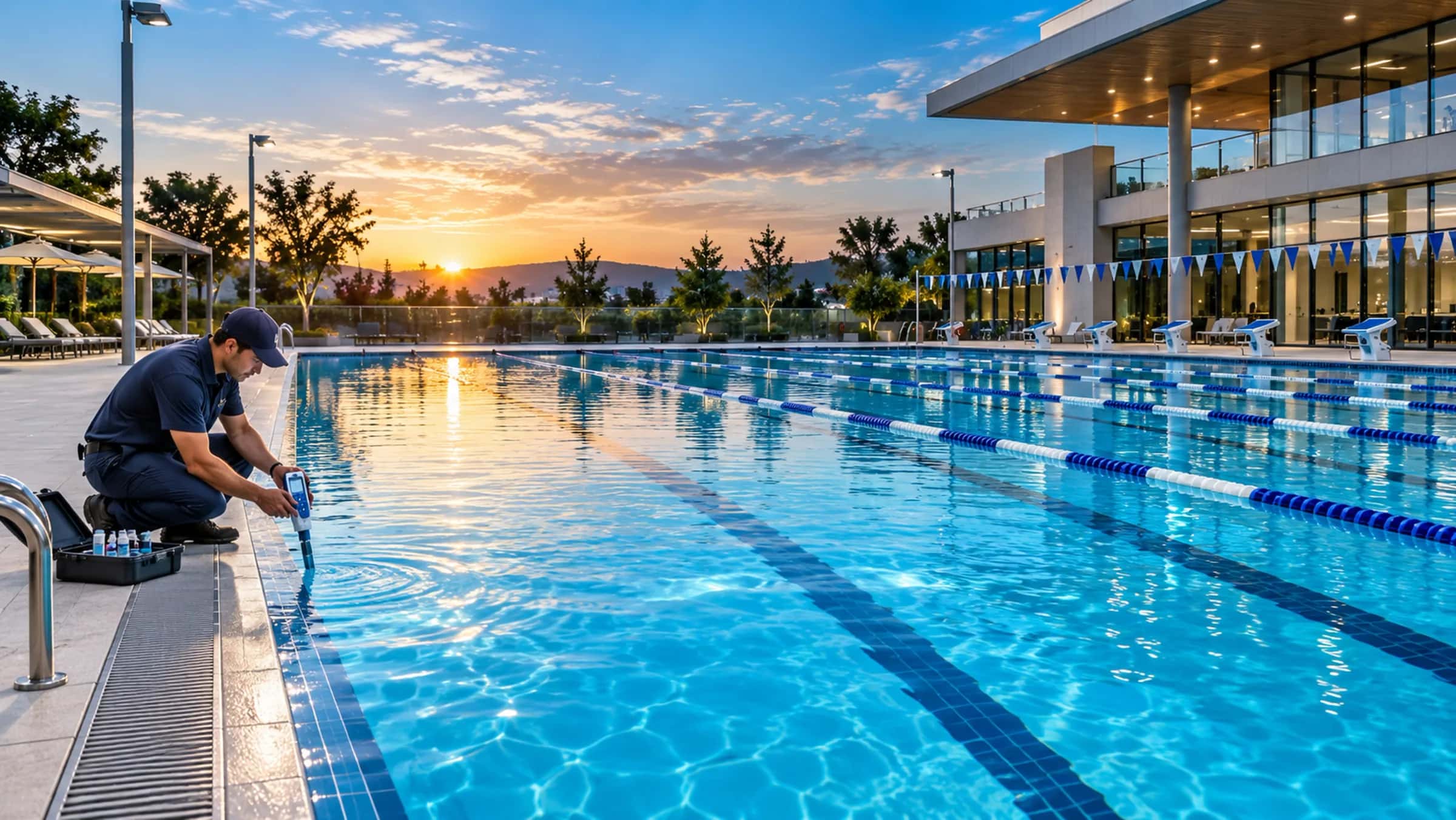 Técnico agachado medindo os parâmetros da água na borda de uma piscina de raias ao entardecer